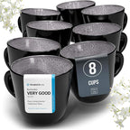 PURE LIVING INTERIOR DESIGN Stoneware coffee mugs set 8 pcs – 14.5 oz dark gray ceramic cups – Dishwasher and microwave safe – Modern stylish coffee cup set – Dinner service