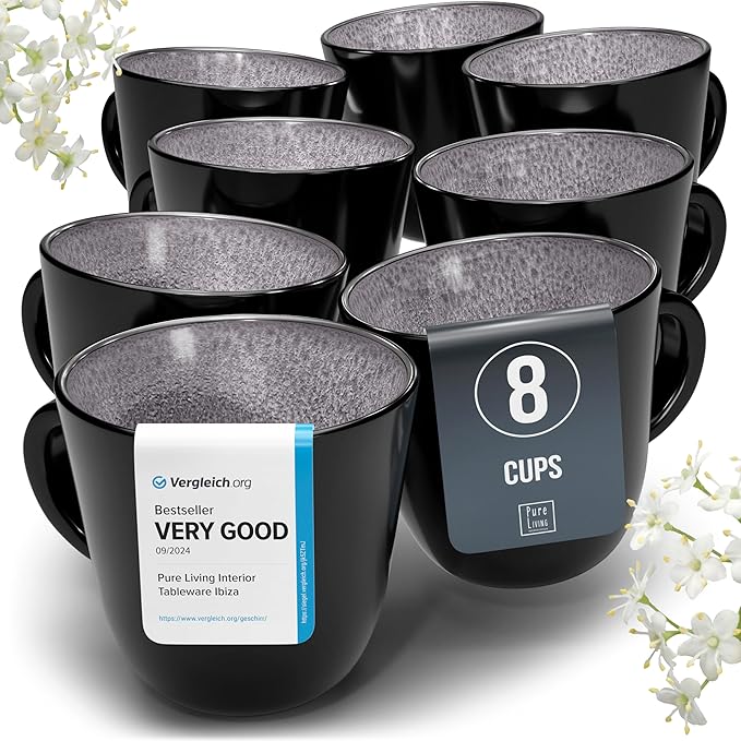 PURE LIVING INTERIOR DESIGN Stoneware coffee mugs set 8 pcs – 14.5 oz dark gray ceramic cups – Dishwasher and microwave safe – Modern stylish coffee cup set – Dinner service