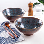 Ceramic Japanese Ramen Bowl Set, 2 Sets Asian Pho Udon Soup Noodle Bowls with Spoons and Chopsticks (Peacock Green, 8 inches)