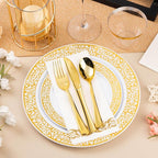 Bestluck 350PCS Gold Plastic Dinnerware Set for 50 Guests, Disposable Plates for Party, Wedding and Dinner, Include 50 Dinner Plates, 50 Dessert Plates, 50 Set Silverware, 50 Cups, 50 Napkins