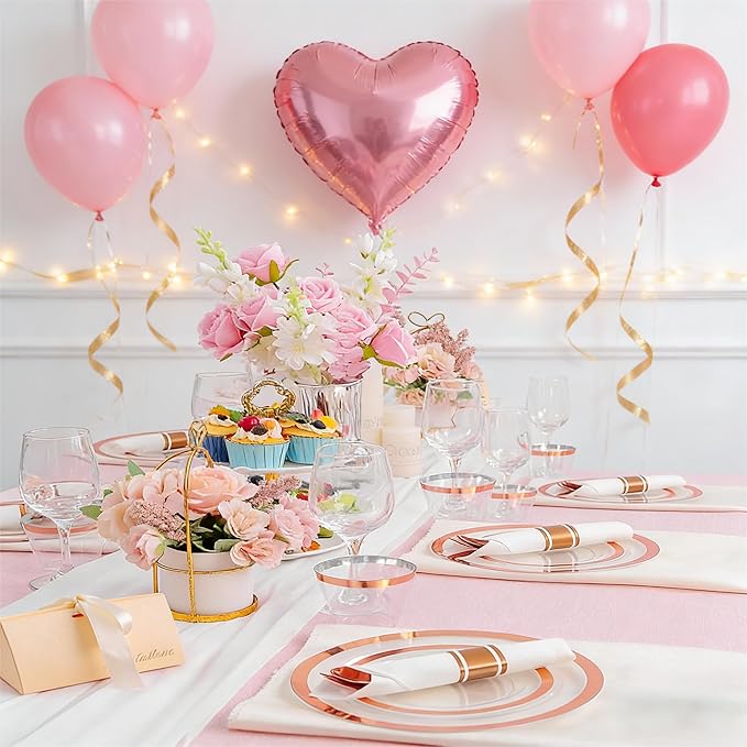 Liacere 350PCS Rose Gold Plastic Plates - Clear with Rose Gold Rim for 50Guests Dinnerware - Include 100 Plates disposable 150 PCS Silverware 50 Napkins for Party & Mothers Day & Graduation