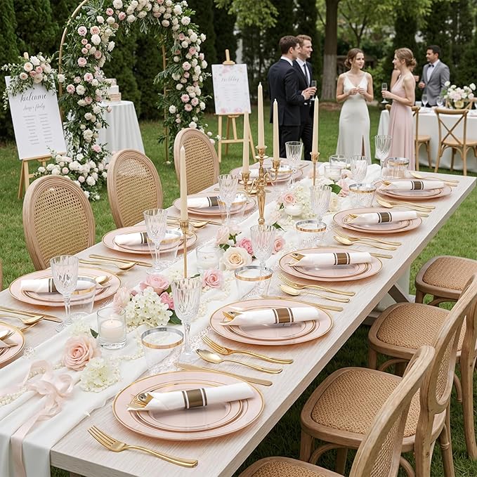 WDF Partyware 175PCS Pink plastic Plates - Pink Disposable Plates 25Guests Disposable Dinnerware Sets with Rolled Napkins for Wedding/Birthday/Baby Shower/Mother's Day