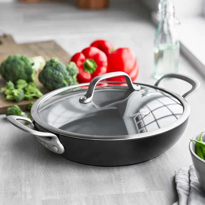 GreenPan Healthy Ceramic Nonstick 12" Everyday Frying Pan with 2 Handles and Lid, PFAS-Free, Multi Clad, Induction, Dishwasher Safe, Oven Safe, Black