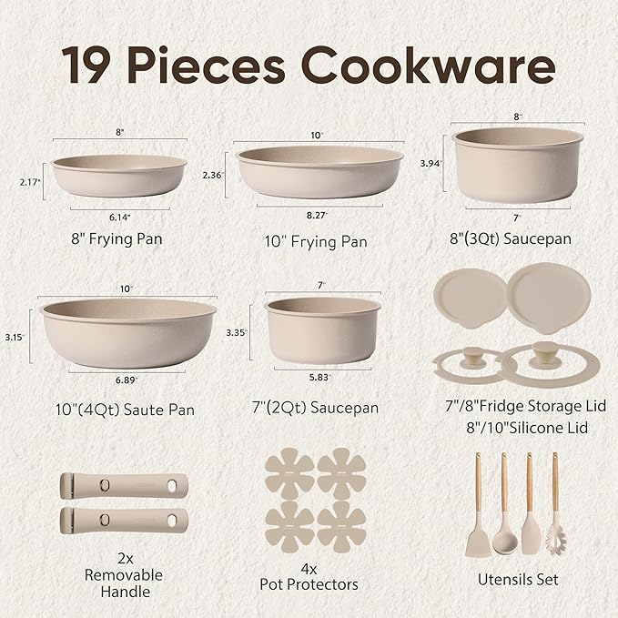 CAROTE 19pcs Pots and Pans Set Non Stick, Nonstick Cookware Set Detachable Handle, Induction Kitchen Cooking Sets with Removable Handle, RV Kitchen, Oven Safe, Taupe