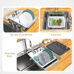Dish drying rack expandable over the sink, in the sink and for cabinet and kitchen counter; Dish drainer rust proof, Large kitchen organizer with drainboard, two cutlery holders and 6 cup holders.