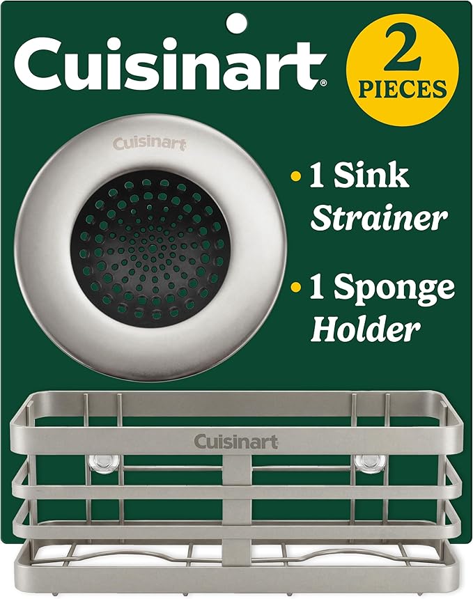 Cuisinart 2 Piece Sink Set – Sink Drain Strainer with Stainless Steel Rim & Silicone Mesh Base & Sponge Holder for Kitchen Sink, Metal Caddy with Triple Suction Cups, Daily Kitchen Essentials