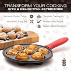 KUHA Cast Iron Aebleskiver Pan | Pre-Seasoned Pan for Authentic Danish Pancake Making, Poffertjes, Takoyaki, Appam & Paniyaram | Silicone Handle, Oven Mitt & Bamboo Skewers Included | 7.9" Diameter