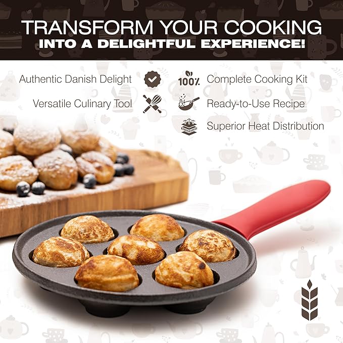 KUHA Cast Iron Aebleskiver Pan | Pre-Seasoned Pan for Authentic Danish Pancake Making, Poffertjes, Takoyaki, Appam & Paniyaram | Silicone Handle, Oven Mitt & Bamboo Skewers Included | 7.9" Diameter