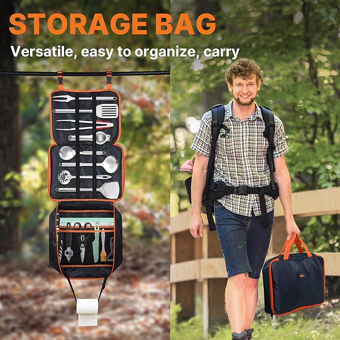 Portable Camping Cooking Utensils Set, Camp Kitchen Set with Organizer Bag, RV Essentials Outdoor Cooking Utensil Kit for Travel, Picnics, Camping, BBQs, Parties