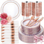 Ciaell 350PCS Rose Gold Plastic Plates - Clear Rose Gold Disposable Plates with Plastic Silverware include 100Plates, 150Silverware, 50Cups, 50Napkins for Wedding & Party & Mother's Day