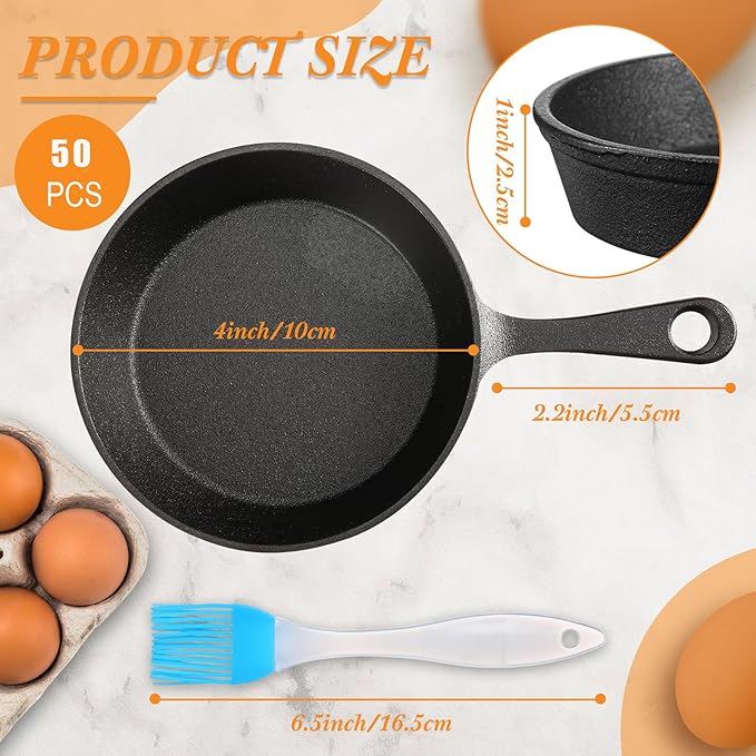 Remerry 50 Sets 4 Inches Cast Iron Skillets Mini Black Iron Nonstick Frying Pan Small Sizzling Plate Egg Pan Cast Pot Bundle with Oil Brush for Indoor and Outdoor Restaurant Kitchen