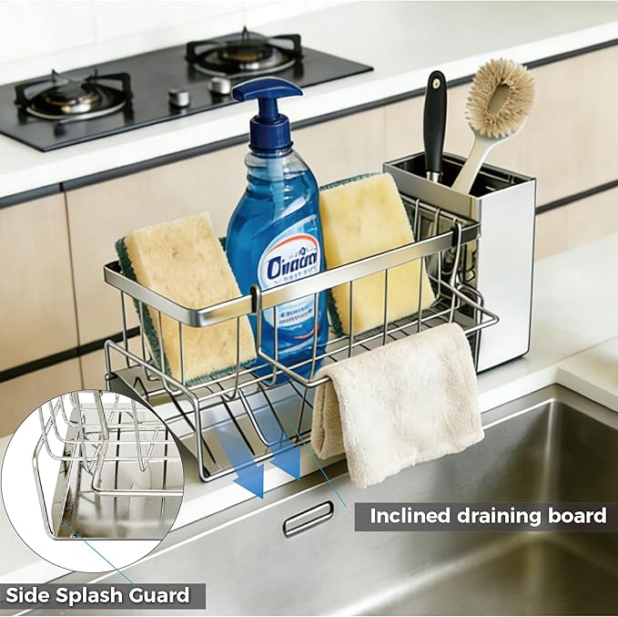 Sponge Holder for Kitchen,soap dispenser holder,multifunctional Stainless Steel sink caddy with Brush Holder,bathroom sink Organizers for Essentials,hand sanitizer holder,toothbrush Toothpaste holder