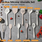 Onader Kitchen Cooking Utensils Set, 10 Pcs Silicone Non Toxic Cooking Utensils Set, Heat Resistant & Nonstick Cookware Friendly - 2 Mixed Color (Khaki & White)