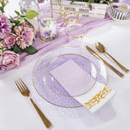 DaYammi 175PCS Clear Purple and Gold Plastic Dinnerware Set for Party, Hammered Disposable Plates for Party, Include: 25 Dinner Plates, 25 Dessert Plates, 75 Gold Silverware, 25 Napkins, 25 Cups