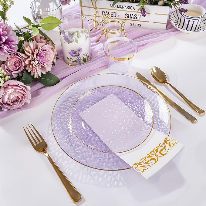 DaYammi 175PCS Clear Purple and Gold Plastic Dinnerware Set for Party, Hammered Disposable Plates for Party, Include: 25 Dinner Plates, 25 Dessert Plates, 75 Gold Silverware, 25 Napkins, 25 Cups