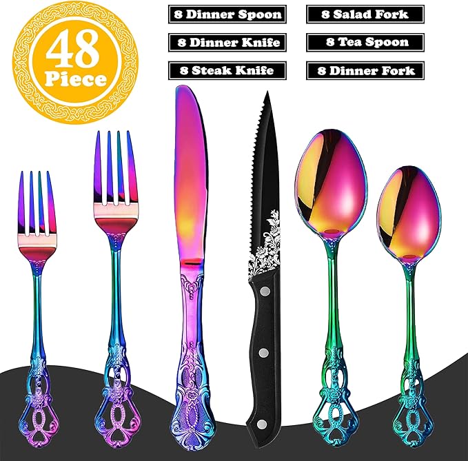 Runfly Retro Royal Rainbow 48 Pieces Flatware Set, Gorgeous Multicolour Silverware Set For 8, Anti-rust Stainless Steel dark Cutlery Set Utensils Including Fork Spoon and Knife