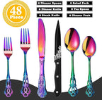 Runfly Retro Royal Rainbow 48 Pieces Flatware Set, Gorgeous Multicolour Silverware Set For 8, Anti-rust Stainless Steel dark Cutlery Set Utensils Including Fork Spoon and Knife