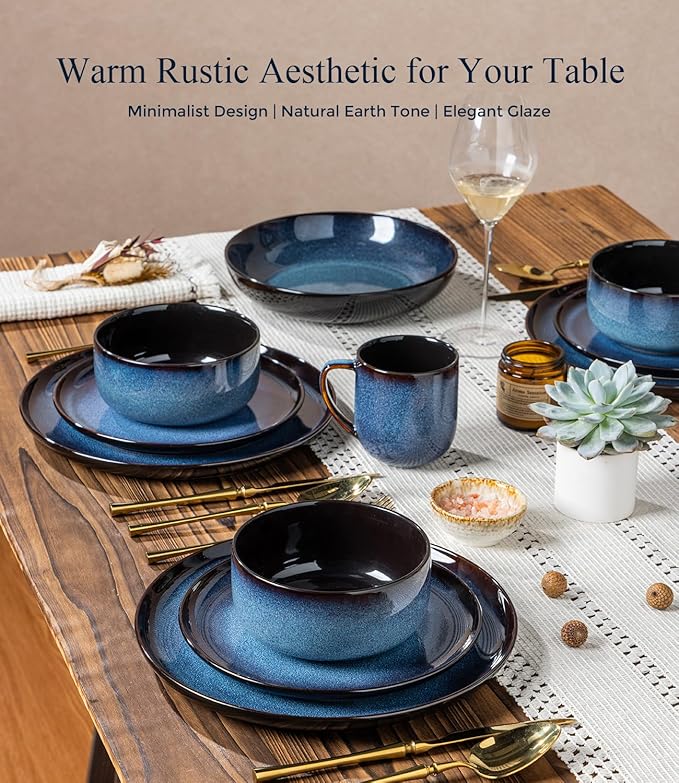 LERATIO Ceramic Dinnerware Sets for 4,16-Piece Reactive Glaze Plates and Bowls Set with Mugs,Highly Chip and Crack Resistant | Dishwasher,Microwave & Oven Safe Dishes set-Blue