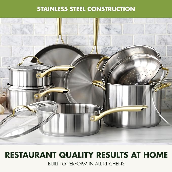 GreenPan Stainless Steel Cookware Set, 11 Piece, Induction Cookware, Dishwasher Safe, Oven Safe to 600F, Large 8QT Stock Pot, Sauce, Saute, Frying Pans, Pots & Pans Kitchen Essentials, Gold