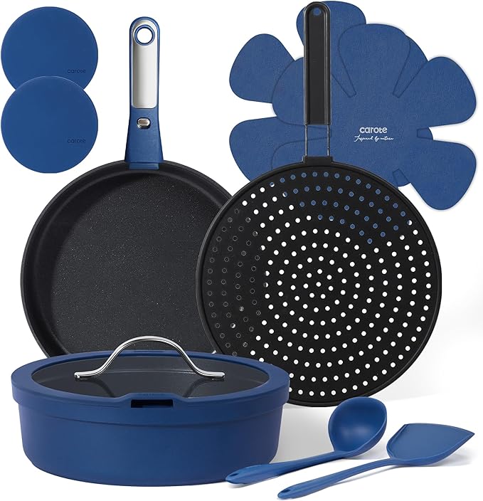 CAROTE 11-Piece Pots and Pans Set, Nonstick Cookware Set Detachable Handle, Frying Pan with Splatter Screen, Oven Safe, Induction Ready, Stackable, Blue