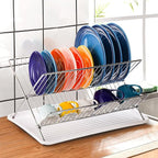 Youeon Foldable Dish Drying Rack with Drip Tray, Stainless Steel 2 Tier Dish Drainer Rack, Collapsible Dish Drainer, Folding Dish Rack for Kitchen Sink, Countertop, Cutlery, Plates, Dishes