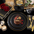 NOCCUR 350PCS Black and Gold Plastic Plates - Black Disposable Dinnerware Set for 50 Guests, 100 Dinner/Dessert Plates, 150 Gold Silverware, 50 Cups&50 Napkins for Party/Birthday/Graduation