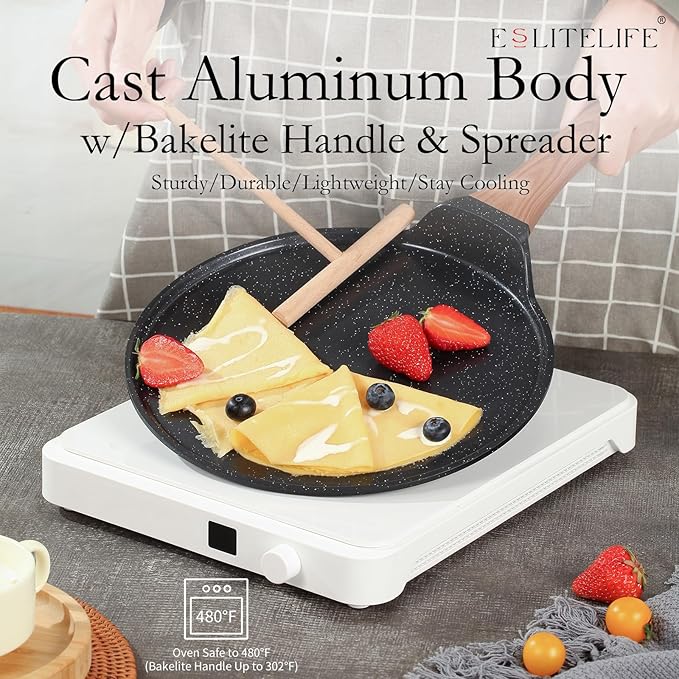 ESLITE LIFE 11 Inch Crepe Pan with Spreader, Nonstick Granite Coating Dosa Pan, Roti Tawa Comal Para Tortillas Pancake Griddle Pan, Induction Compatible, PTFE & PFOA Free, Black