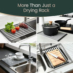 Meowoo Rectangle Dish Drying Rack, 15.7" x 13" Roll Up Over The Sink Dish Drainer Rack, Non-Slip Silicone Base, Stainless Steel Drying Rack for RV & Small Kitchen Sink, Black