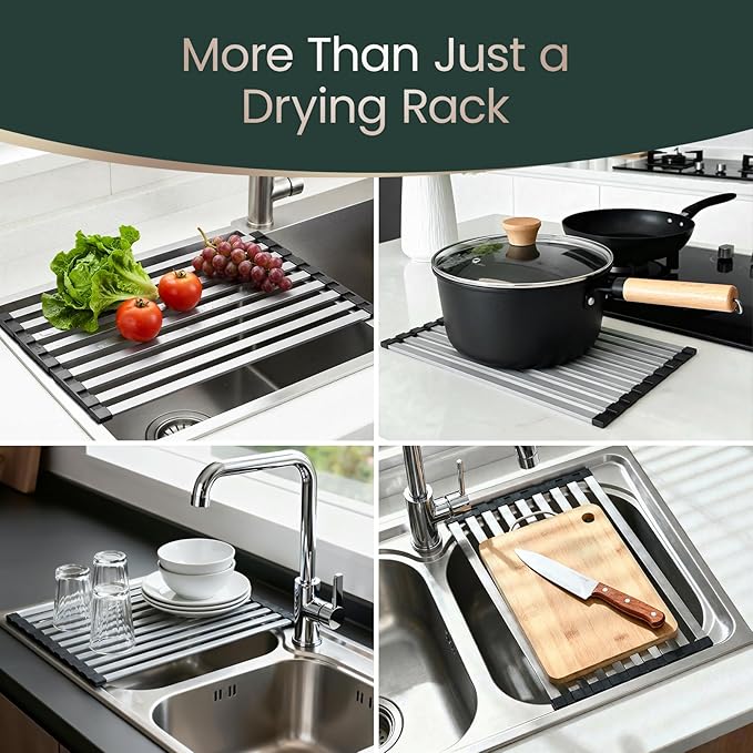 Meowoo Rectangle Dish Drying Rack, 17.5" x 13" Roll Up Over The Sink Dish Drainer Rack, Non-Slip Silicone Base, Stainless Steel Sink Drying Rack for Kitchen, Black