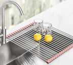 Tomorotec 21" x 15.5" Roll Up Dish Drying Rack Over Sink Drying Rack Sink Cover Kitchen Sink Accessories Gadget Multipurpose Organizer Foldable Stainless Steel Drainer