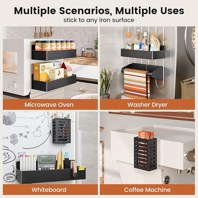Magnetic Spice Rack for Refrigerator,8 Pack Magnetic Shelf,Fridge Magnet Organizer with Paper Towel Holder,Utensils Racks,Hook Rack,Deepened Basket,Fridge Organizers and Storage Black(8 Pack)