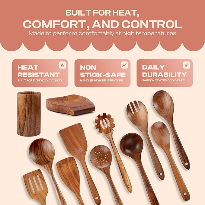 12-Piece Wooden Spoons for Cooking with Holder – Natural Teak Wood Utensils – Comfort-Grip Cooking Wood Tools Non-Stick Safe Easy to Clean Heat Resistant Set