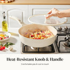 Redchef Ceramic Frying Pan with Glass Lid, Nonstick Deep Saute Pan for All Stovetops, Healthy Cooking Pan, Ergonomic Handle, Fast Even Heating, Splatter Prevention, Oven Safe, Beige (5.2Qt, 12")