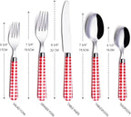 ANNOVA Stainless Steel Colorful Tableware Kitchen Flatware Set Utensils, Includes Dinner Knives, Forks, Spoons, Salad Forks & Dessert Spoons, Modern Rounded Shape (Red Checkered, 20 Pieces)