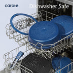 CAROTE 11-Piece Pots and Pans Set, Nonstick Cookware Set Detachable Handle, Frying Pan with Splatter Screen, Oven Safe, Induction Ready, Stackable, Blue
