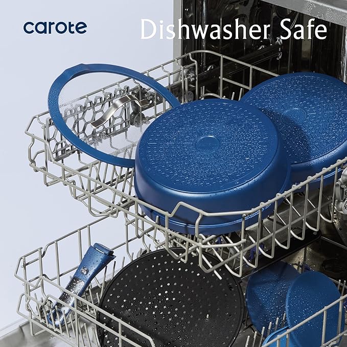 CAROTE 11-Piece Pots and Pans Set, Nonstick Cookware Set Detachable Handle, Frying Pan with Splatter Screen, Oven Safe, Induction Ready, Stackable, Blue
