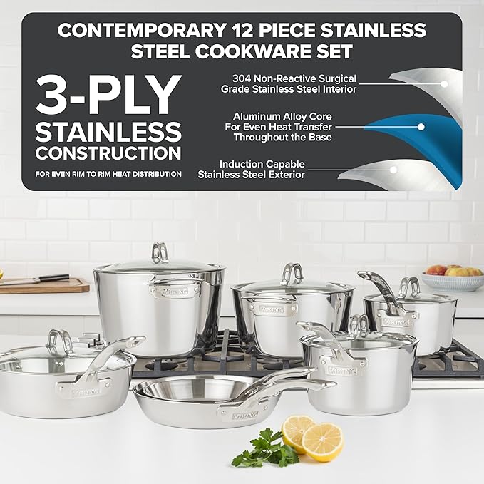 Viking Contemporary 3-Ply Pots and Pans Set, 12 Piece Stainless Steel Kitchen Cookware with Glass Lids, Silver