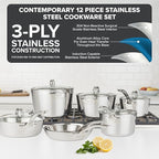 Viking Contemporary 3-Ply Pots and Pans Set, 12 Piece Stainless Steel Kitchen Cookware with Glass Lids, Silver