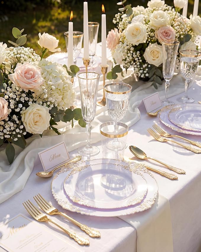 Nervure 700PCS Gold Plastic Plates - Gold Plastic Dinnerware Sets for 100 Guests - 200 Disposable Plates, 300 Silverware, 100 Cups, 100 Napkins for Wedding & Party