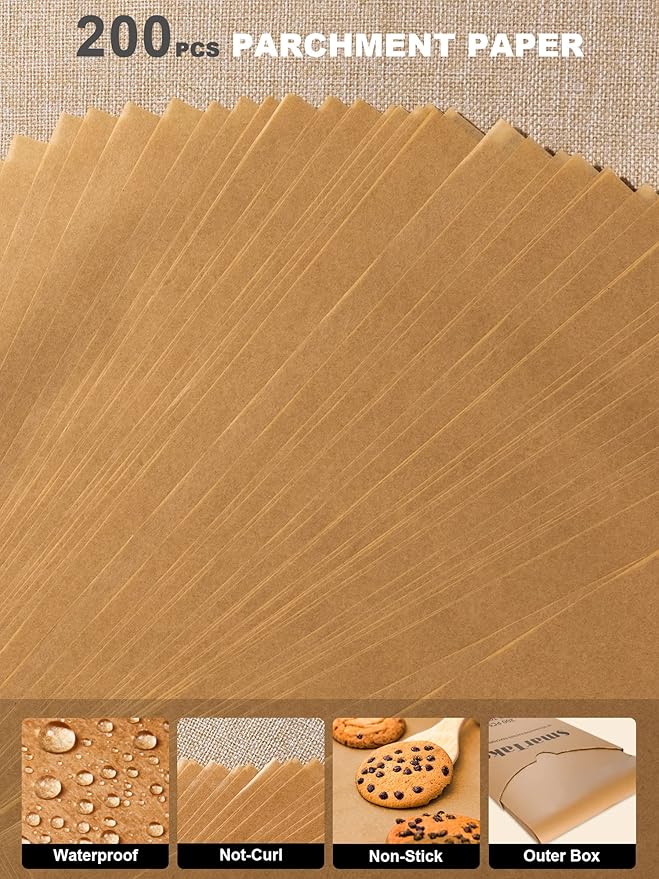 SMARTAKE 200 Pcs Parchment Paper Baking Sheets, 12x16 Inches Non-Stick Precut Baking Parchment, for Baking Grilling Steaming Bread Cup Cake Cookie and More (Unbleached)