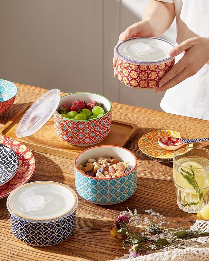 Metahom Ceramic Bowl Set with Lids, Serving Bowls with lids, 5 Inch Prep Bowls for Kitchen, Lunch, Picnic, Microwave & Dishwasher Safe, 20 Oz Set of 4
