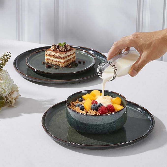 Herogo 12 Pieces Square Stoneware Dinnerware Set, Service for 4, Dinner Plates and Bowls Sets, Double Reactive Glaze Dishes Set for Kitchen, Scratch Resistant, Dishwasher Safe, Moss Green