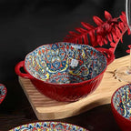 XKXKKE 5 Pack Boho Ceramic Serving Bowls with Handles, 40 Oz Porcelain Salad Bowls, Large Serving Dishes for Entertaining, Mixing Bowls for Soup, Stew, Pasta, Cereal, Colorful Embossed Cute Bowls Set