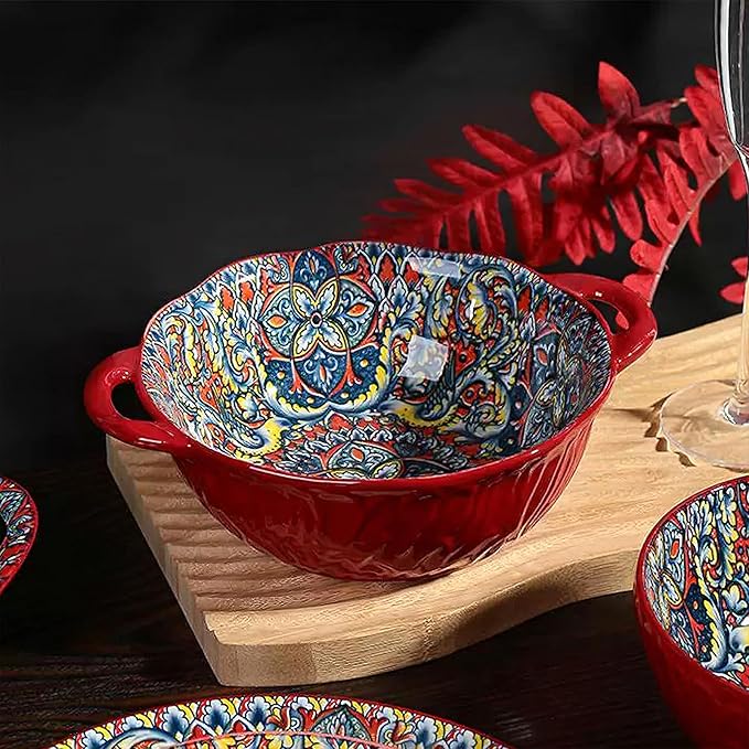 XKXKKE 5 Pack Boho Ceramic Serving Bowls with Handles, 40 Oz Porcelain Salad Bowls, Large Serving Dishes for Entertaining, Mixing Bowls for Soup, Stew, Pasta, Cereal, Colorful Embossed Cute Bowls Set