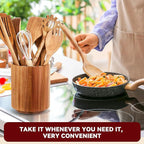 11 Pcs Wooden Kitchen Utensils Set with 360° Rotating Holder 7.3" x 5.9" Acacia Wood Cooking Utensils with Holder Cooking Spoons Spatulas for Nonstick Cookware Countertop Kitchen(Natural)