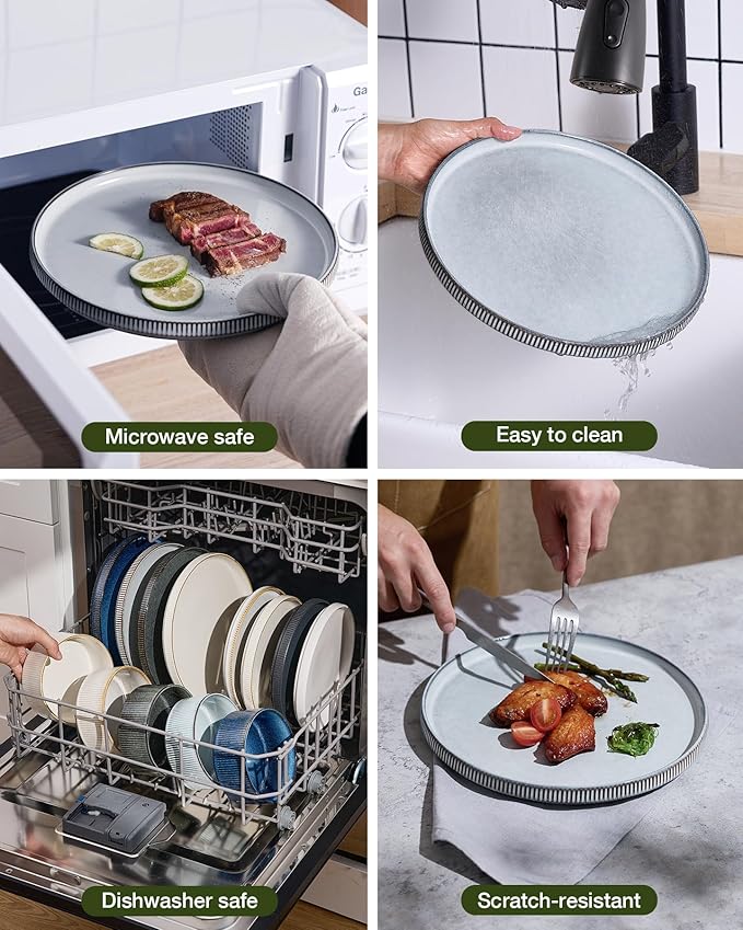 Famiware Star 18-Piece Reactive Glaze Plates and Bowls Sets, Service for 6 - Stoneware Dinnerware with Trim, Modern Rustic Dishes, Chip & Scratch Resistant, Microwave & Dishwasher Safe, Smoky Blue