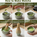 7Pcs Matcha Whisk Set, Ceramic Matcha Bowl with Spout, Bamboo Whisk and Holder,Bamboo Scoop,Scoop Rest,Sifter,Tea Towel,Matcha Kit with Cherry Blossom Carved Patterns (Sakura Green)