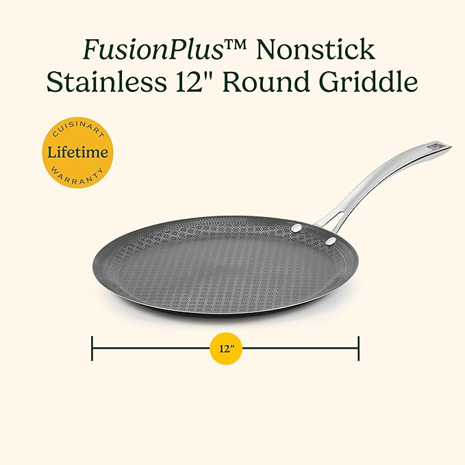 Cuisinart FusionPlus Hybrid Nonstick Stainless Steel Cookware, 12-Inch Round Griddle Pan with PFAS-Free PURELYSEAR Ceramic Technology, Scratch Proof, Cool Grip Handles, Dishwasher Safe