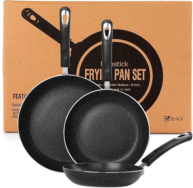 RATWIA Frying Pan 3-Piece Set, Nonstick Skillet Set for Induction Cooktop, Frying Pan Nonstick 8 Inch+9.5 Inch +11 Inch (Black)