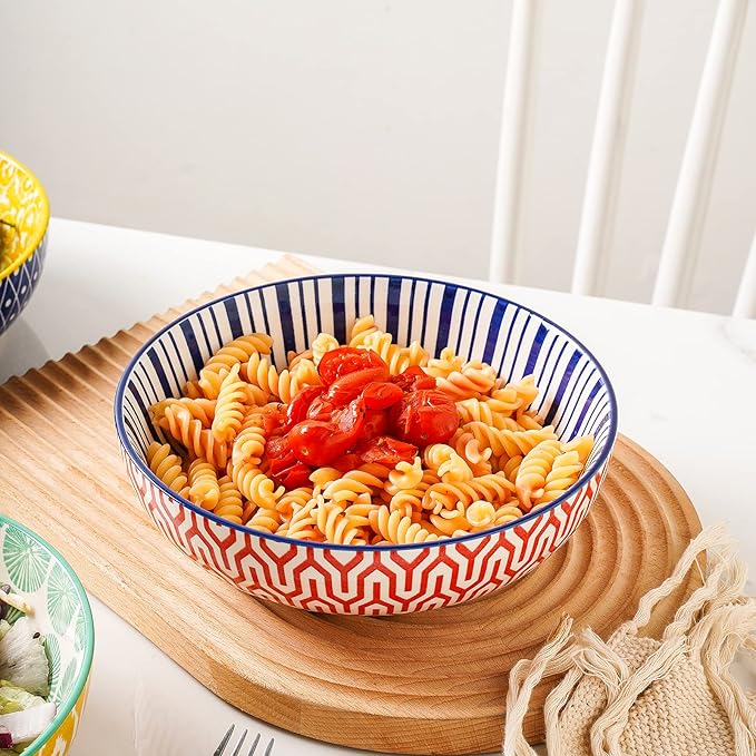 Selamica Ceramic 30 Ounce Large Pasta Bowls Set of 4, 8 inch Salad Bowl Wide and Shallow Microwave Dishwasher Safe, Assorted Corlors